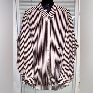 Tommy Hilfiger Men's Burgundy and White Striped  button down XL Shirt 1990s‎